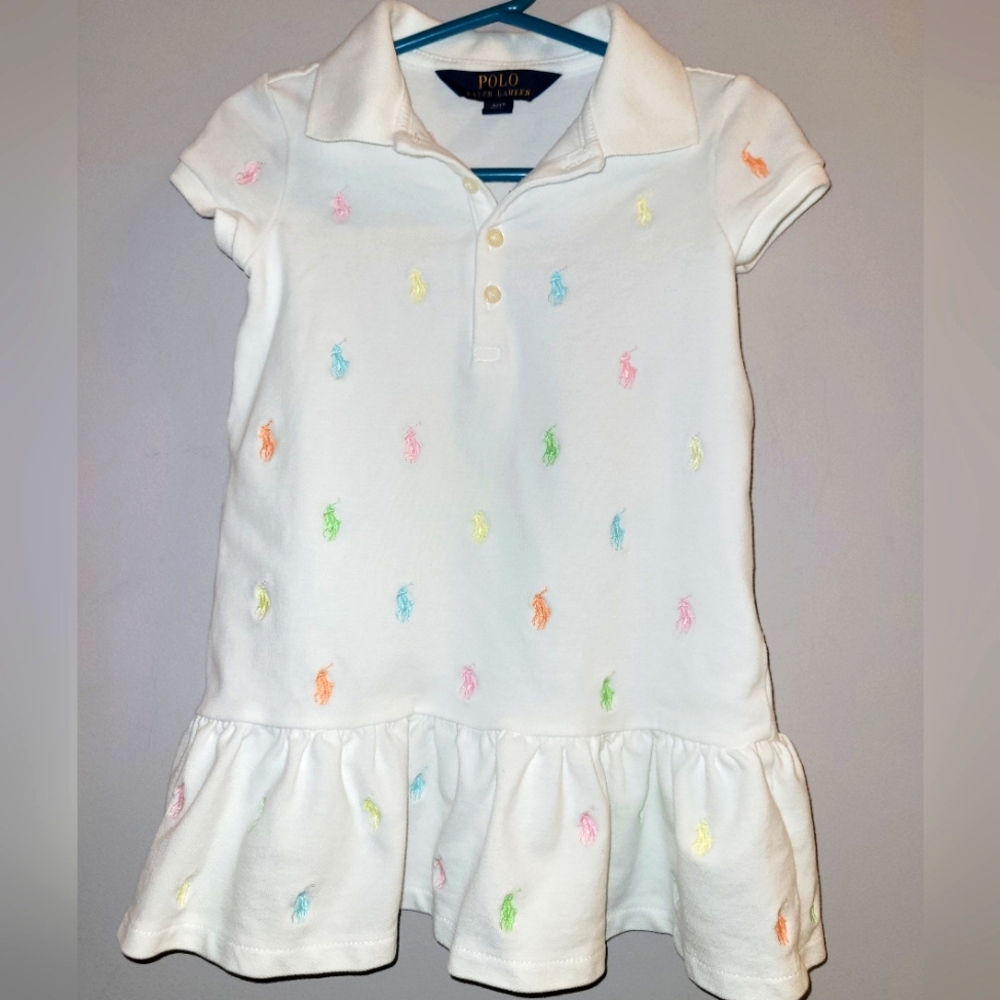 🐎 Ralph Lauren RL Polo White Pique Knit Pastel Embroidered Logo Dress Toddler